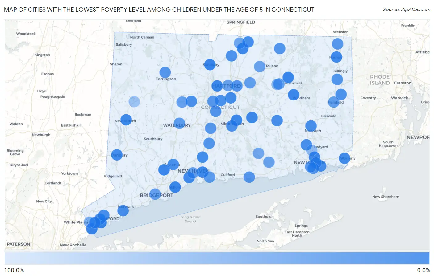 Cities with the Lowest Poverty Level Among Children Under the Age of 5 in Connecticut Map