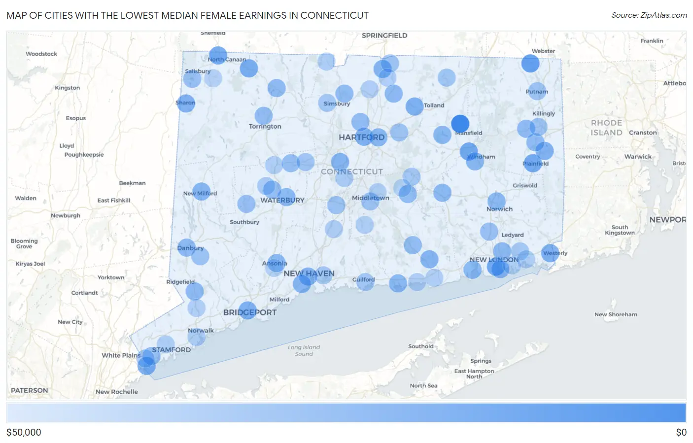 Cities with the Lowest Median Female Earnings in Connecticut Map
