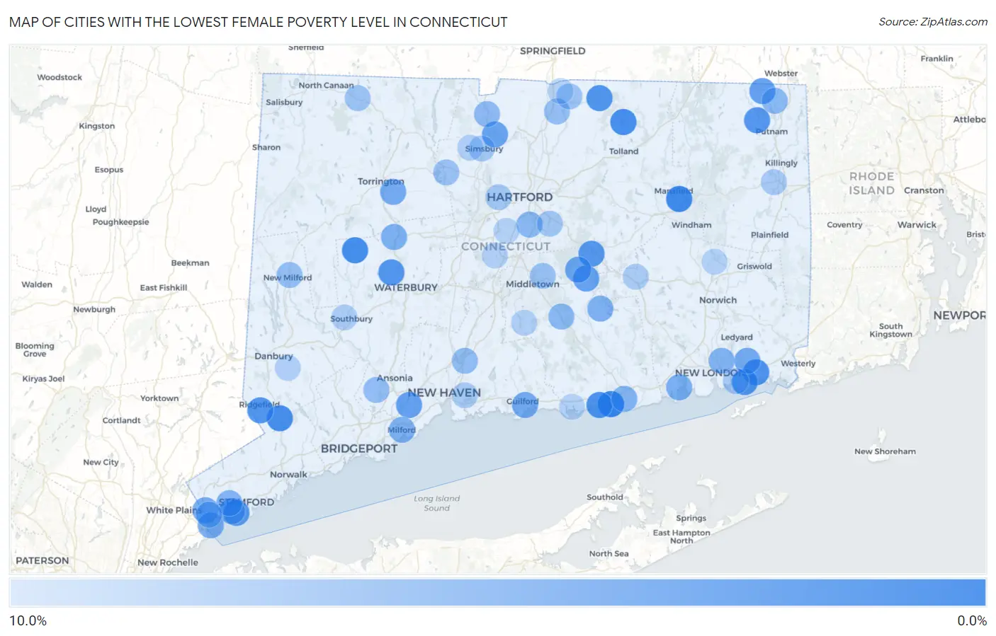 Cities with the Lowest Female Poverty Level in Connecticut Map