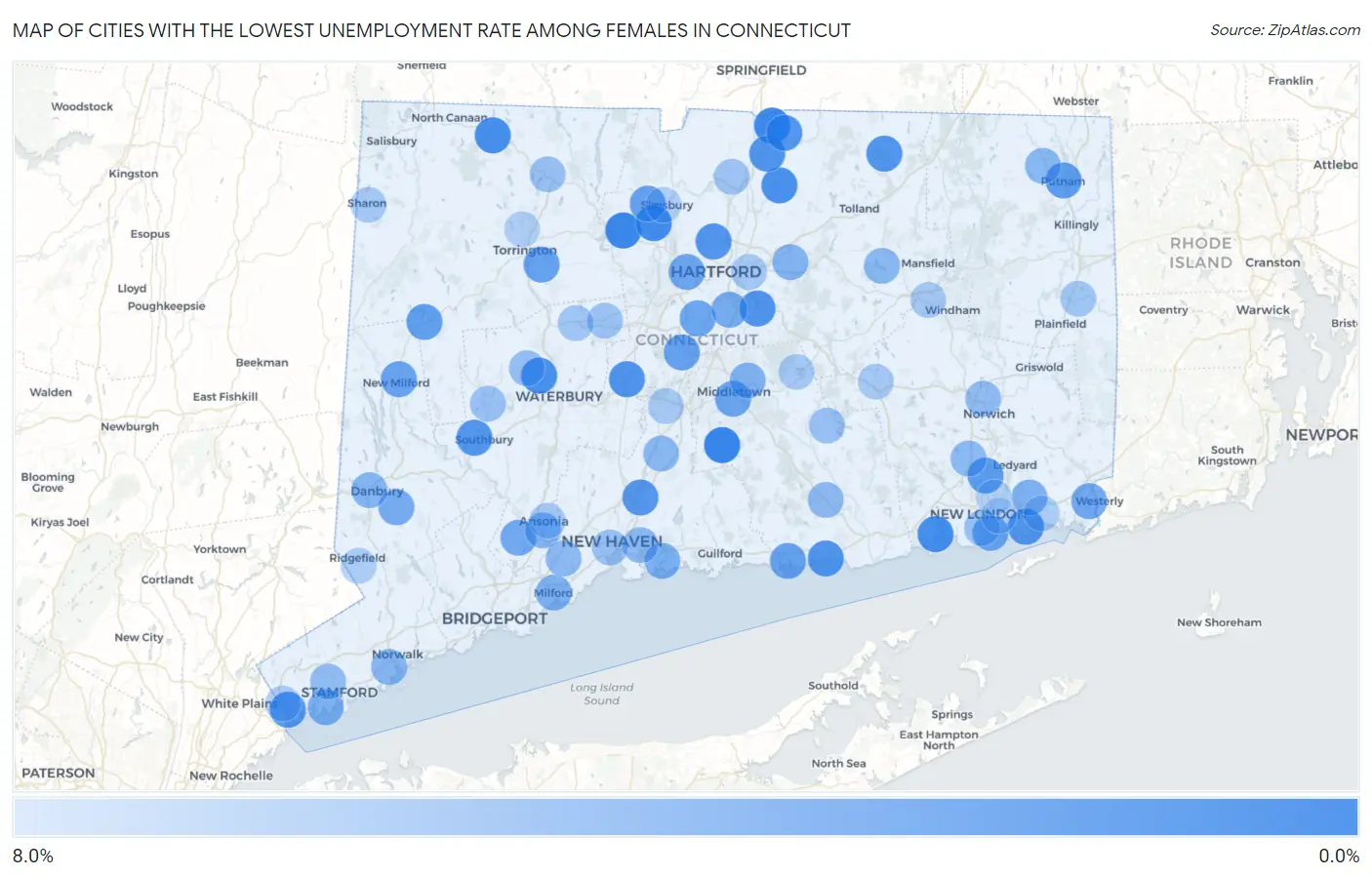 Cities with the Lowest Unemployment Rate Among Females in Connecticut Map