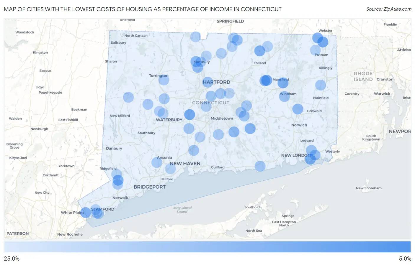 Cities with the Lowest Costs of Housing as Percentage of Income in Connecticut Map