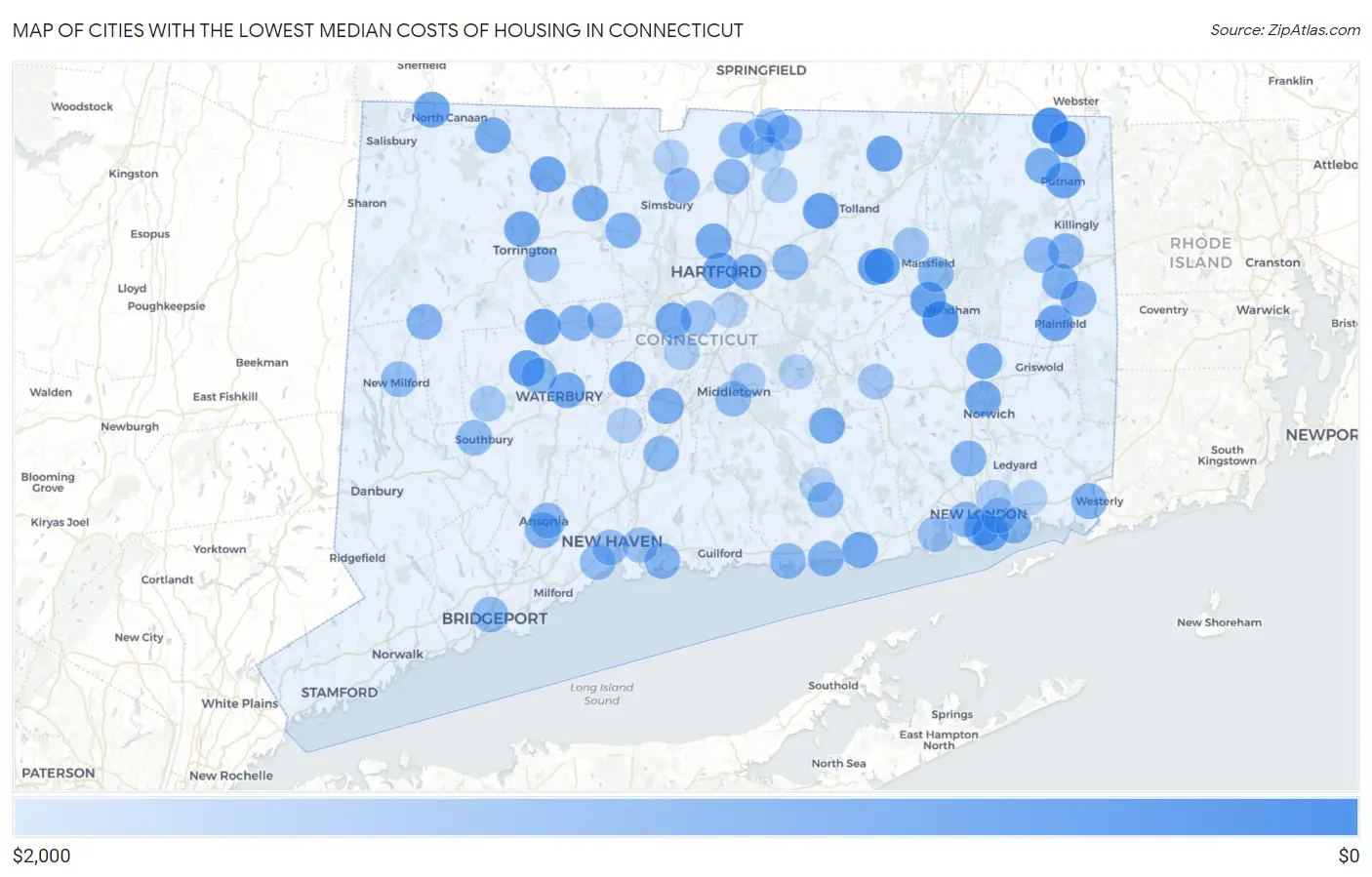 Cities with the Lowest Median Costs of Housing in Connecticut Map
