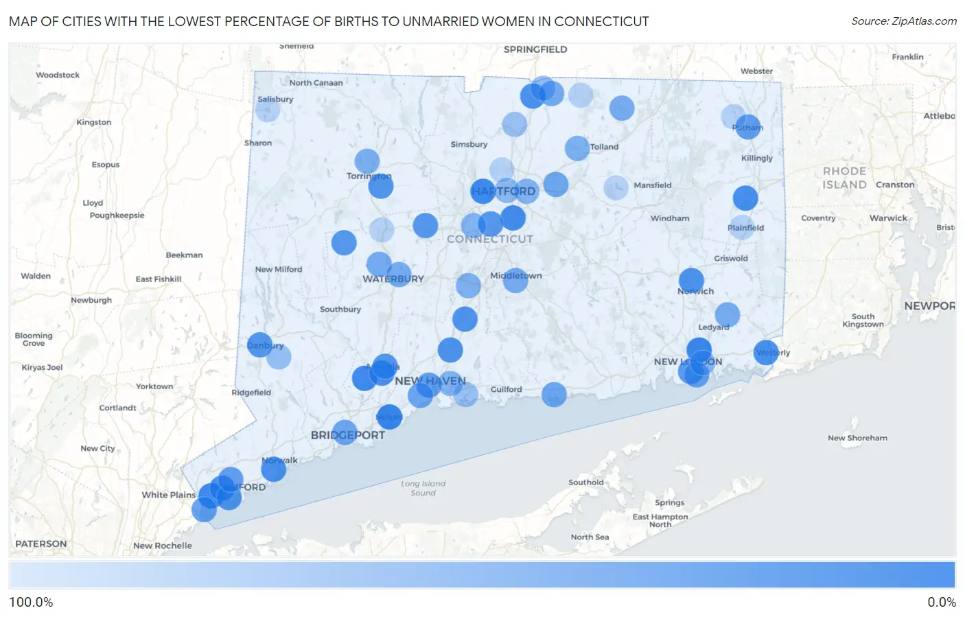 Cities with the Lowest Percentage of Births to Unmarried Women in Connecticut Map