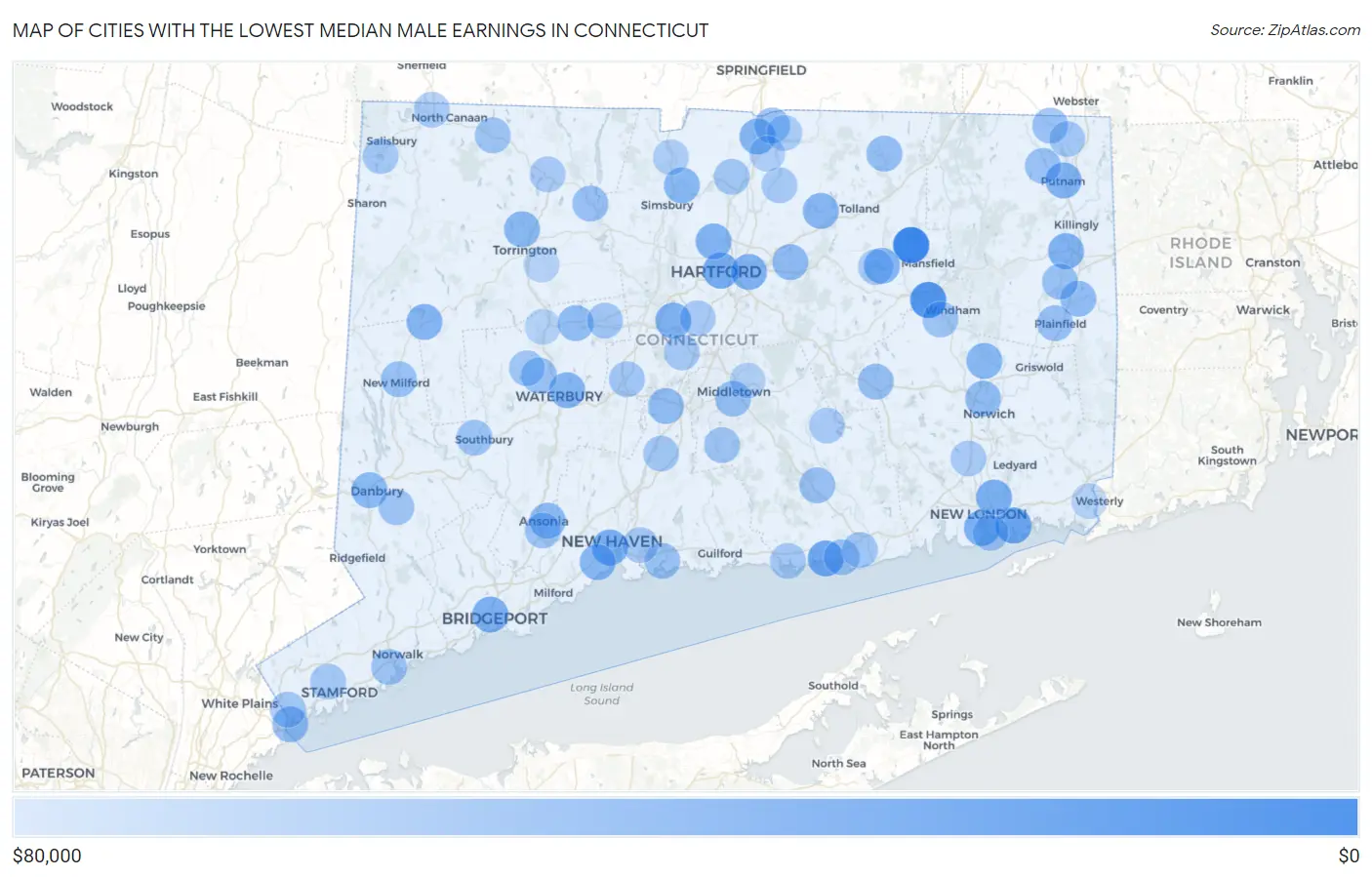Cities with the Lowest Median Male Earnings in Connecticut Map