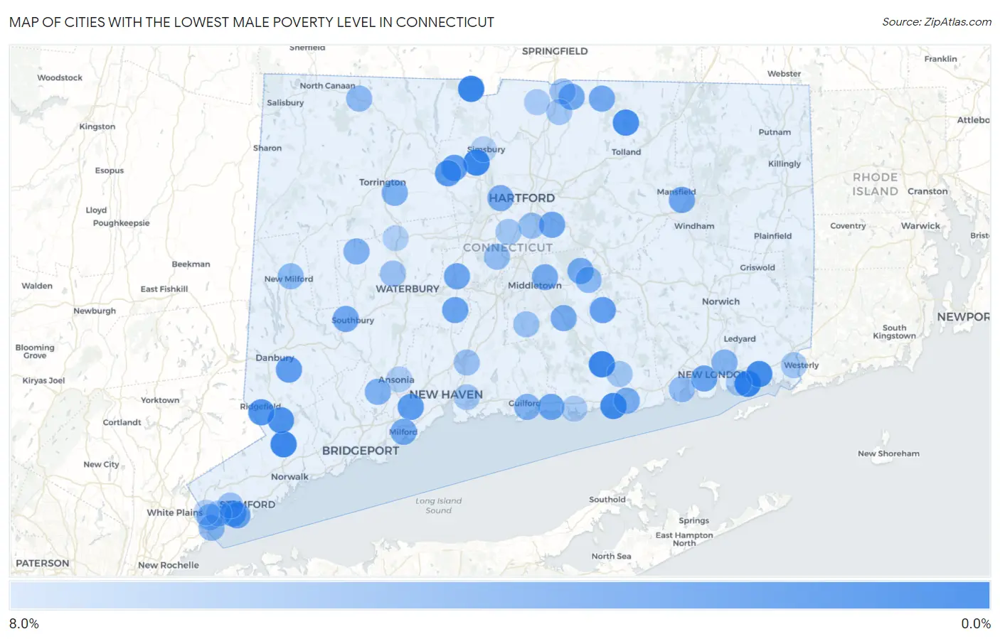 Cities with the Lowest Male Poverty Level in Connecticut Map
