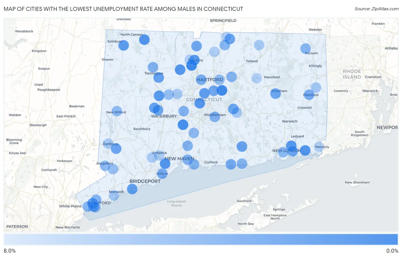 Cities with the Lowest Unemployment Rate Among Males in Connecticut Map
