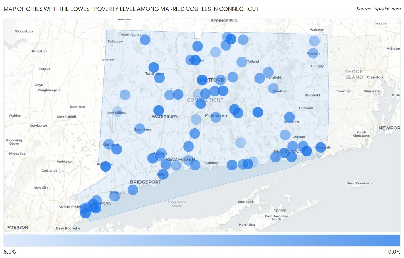 Cities with the Lowest Poverty Level Among Married Couples in Connecticut Map