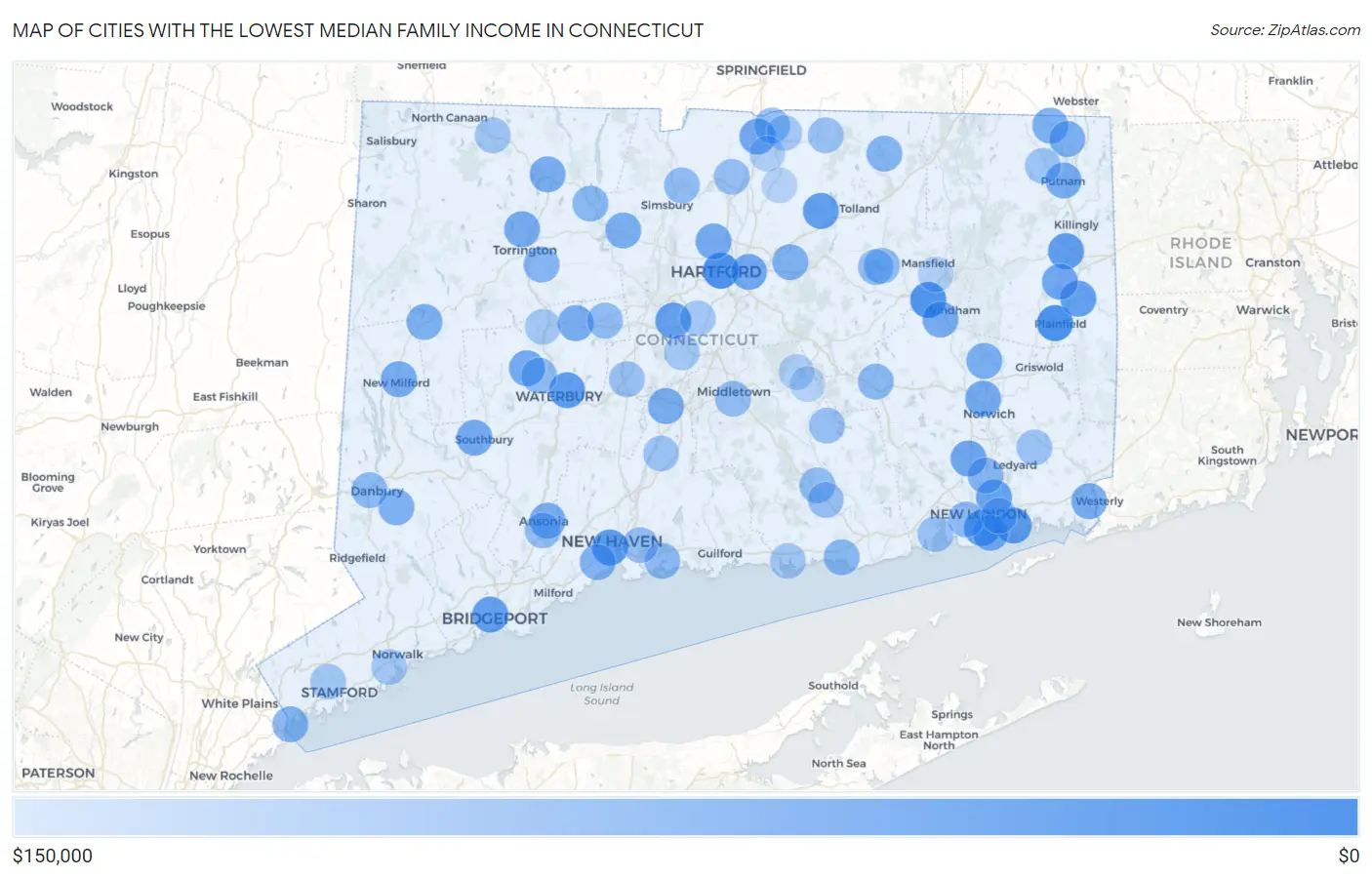 Cities with the Lowest Median Family Income in Connecticut Map