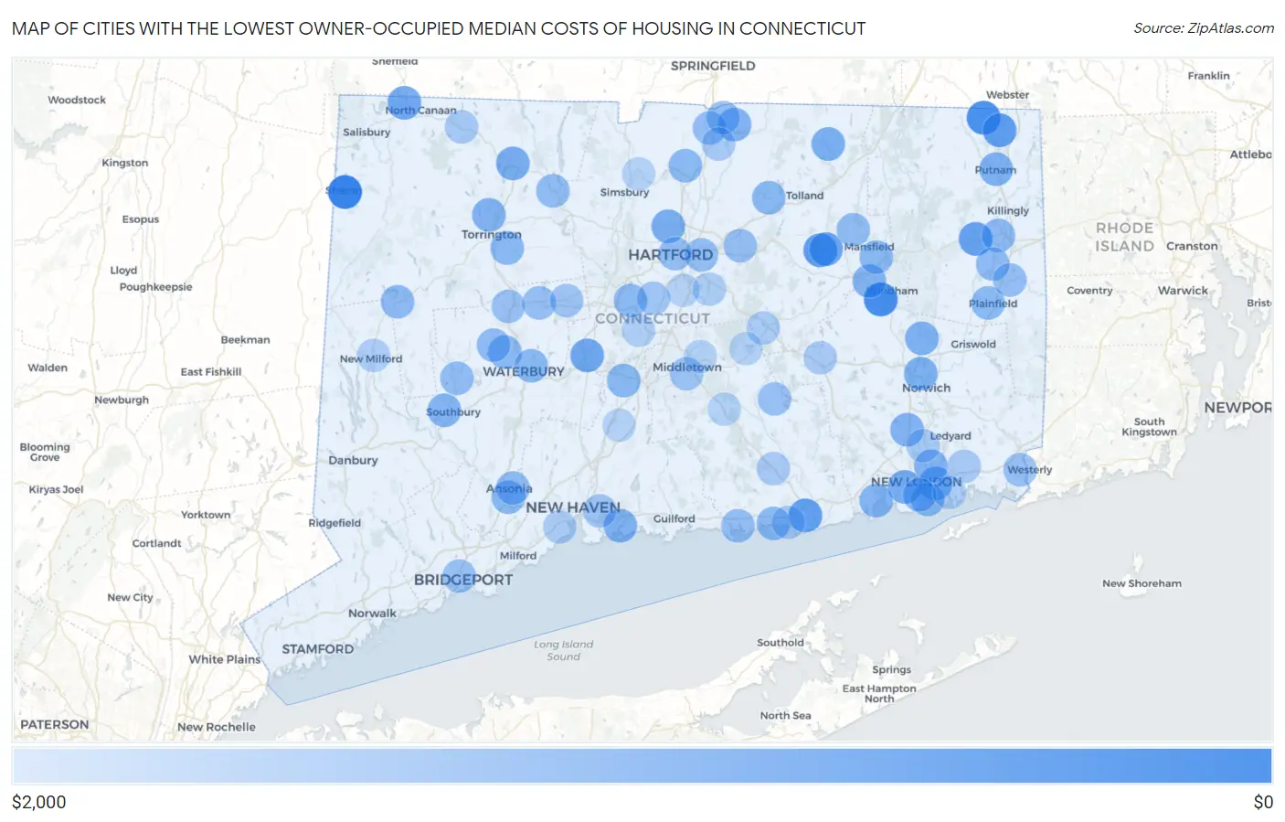 Cities with the Lowest Owner-Occupied Median Costs of Housing in Connecticut Map