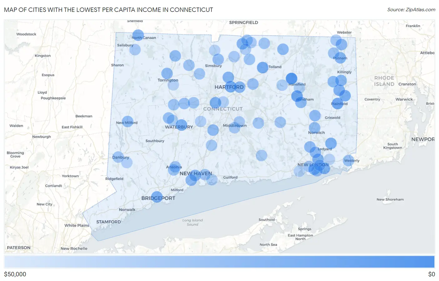 Cities with the Lowest Per Capita Income in Connecticut Map