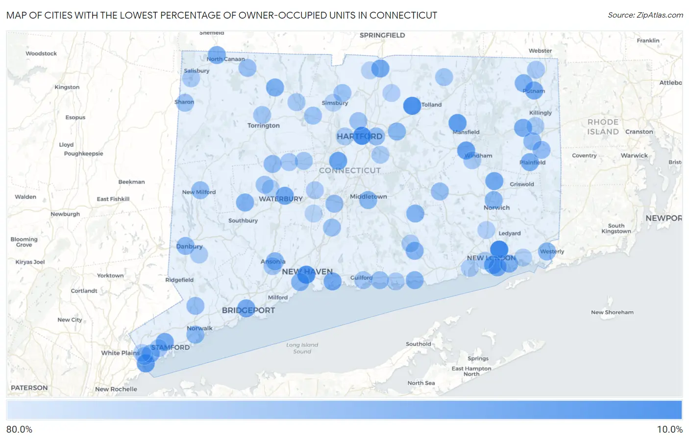 Cities with the Lowest Percentage of Owner-Occupied Units in Connecticut Map