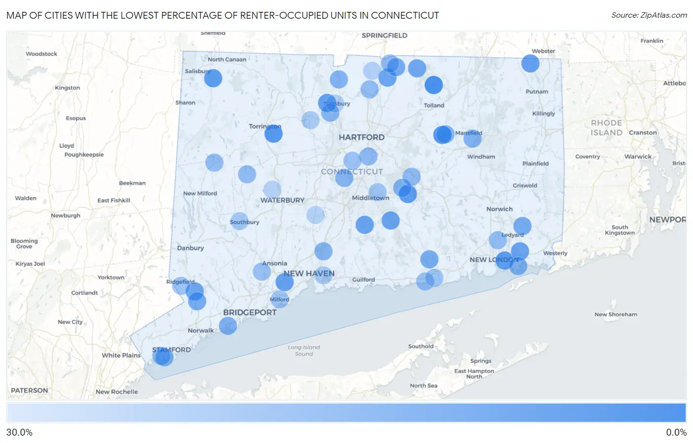 Cities with the Lowest Percentage of Renter-Occupied Units in Connecticut Map