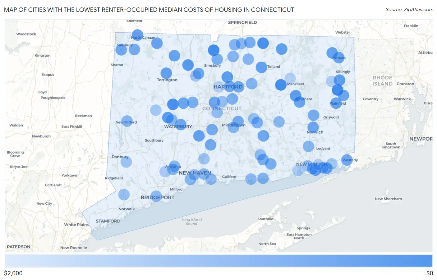 Cities with the Lowest Renter-Occupied Median Costs of Housing in Connecticut Map