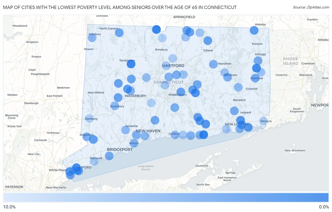 Cities with the Lowest Poverty Level Among Seniors Over the Age of 65 in Connecticut Map