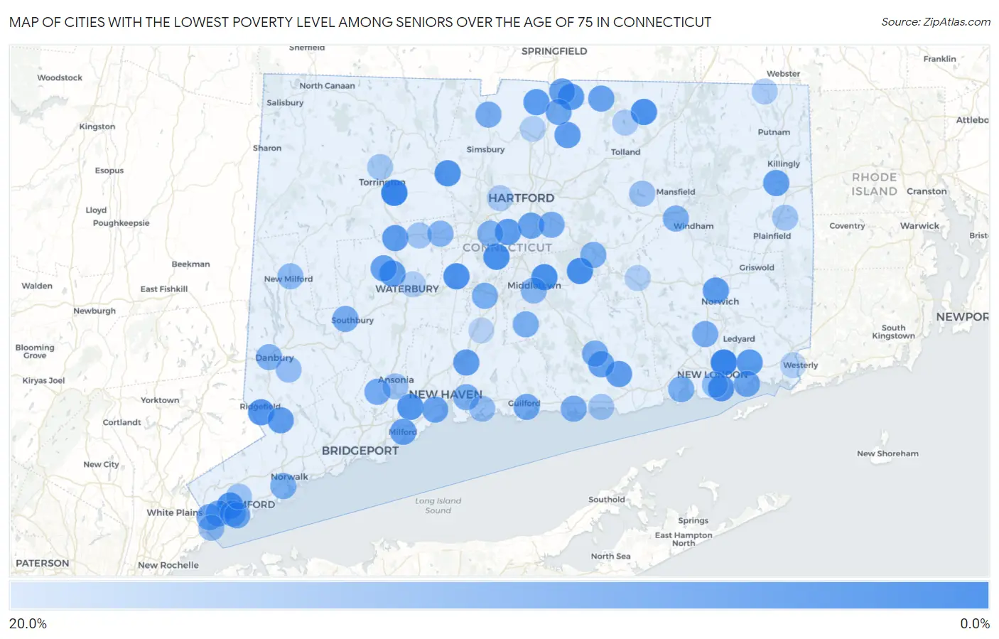 Cities with the Lowest Poverty Level Among Seniors Over the Age of 75 in Connecticut Map