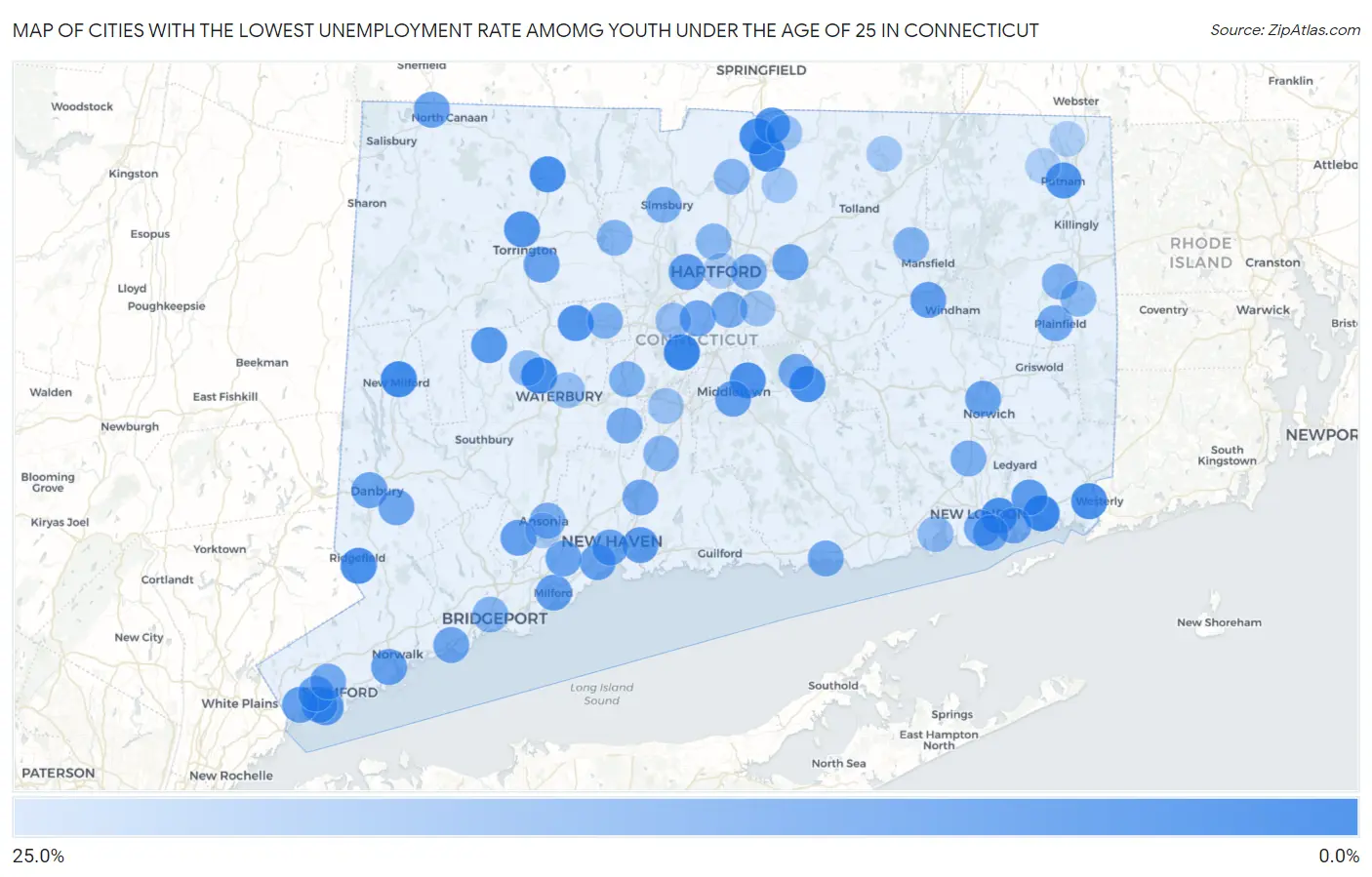 Cities with the Lowest Unemployment Rate Amomg Youth Under the Age of 25 in Connecticut Map