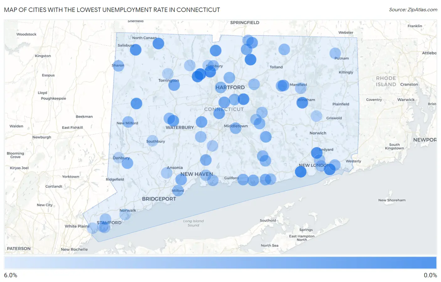 Cities with the Lowest Unemployment Rate in Connecticut Map