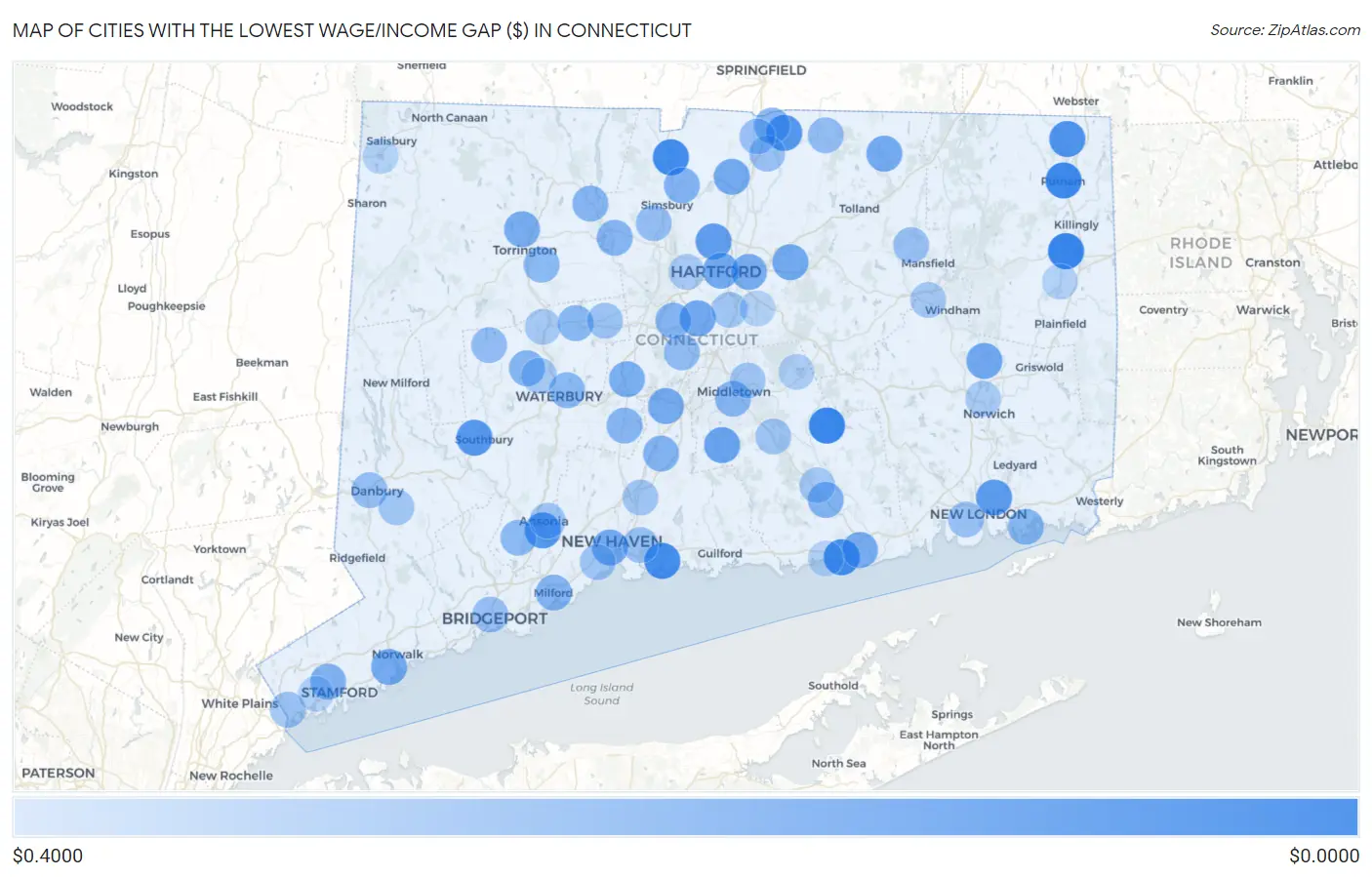 Cities with the Lowest Wage/Income Gap ($) in Connecticut Map