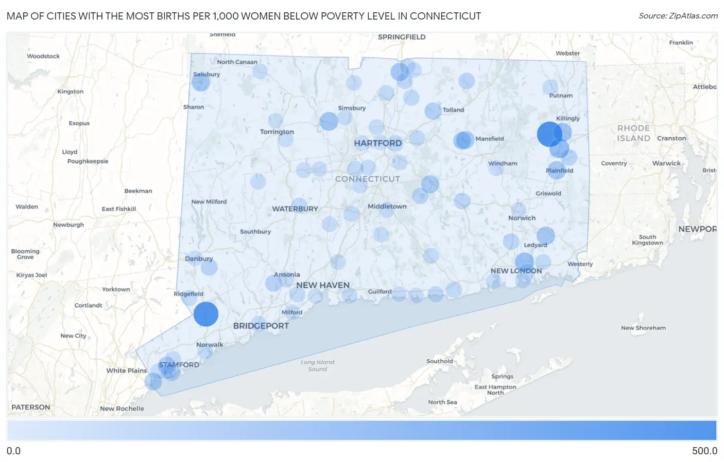 Cities with the Most Births per 1,000 Women Below Poverty Level in Connecticut Map