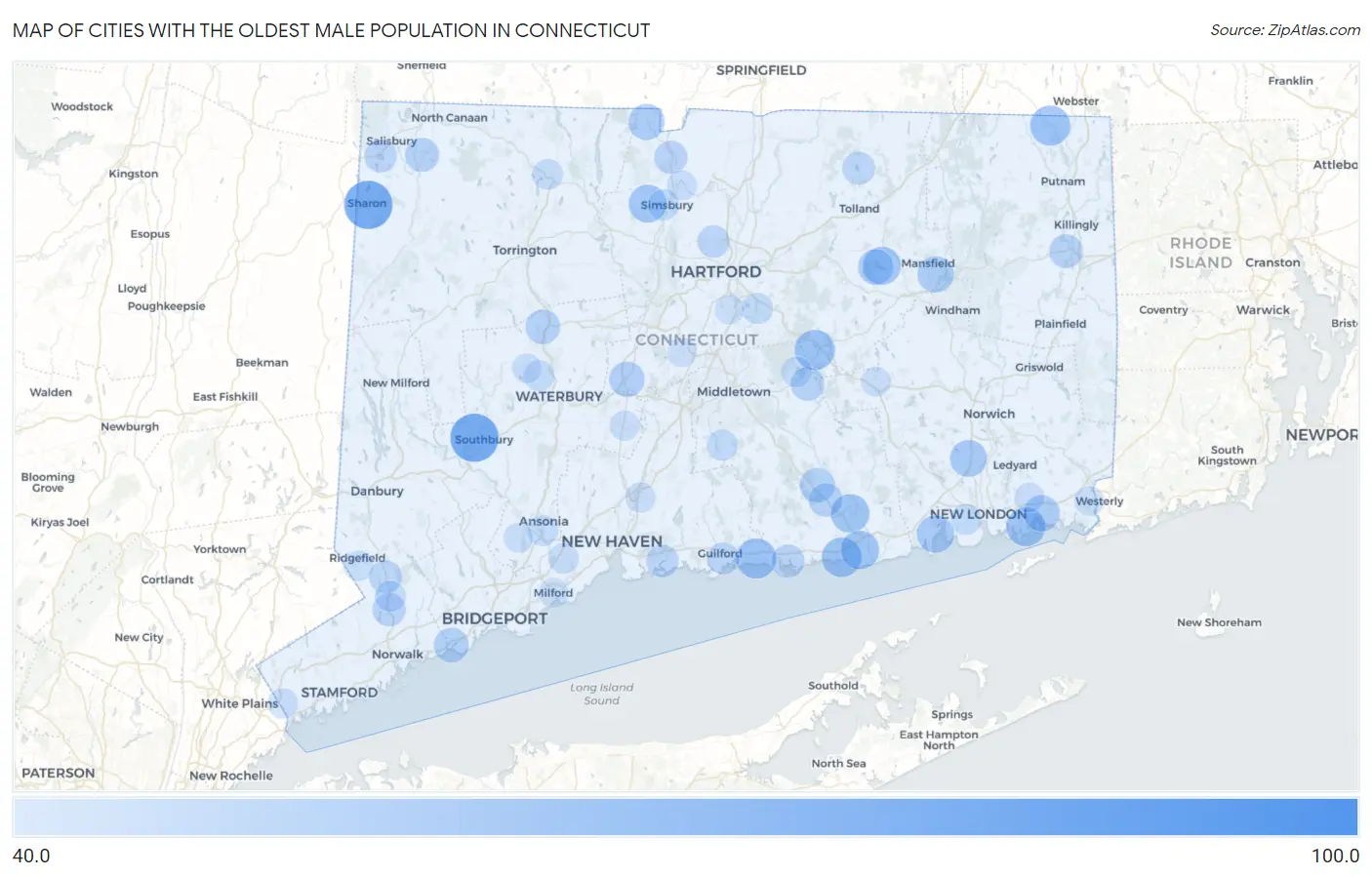Cities with the Oldest Male Population in Connecticut Map