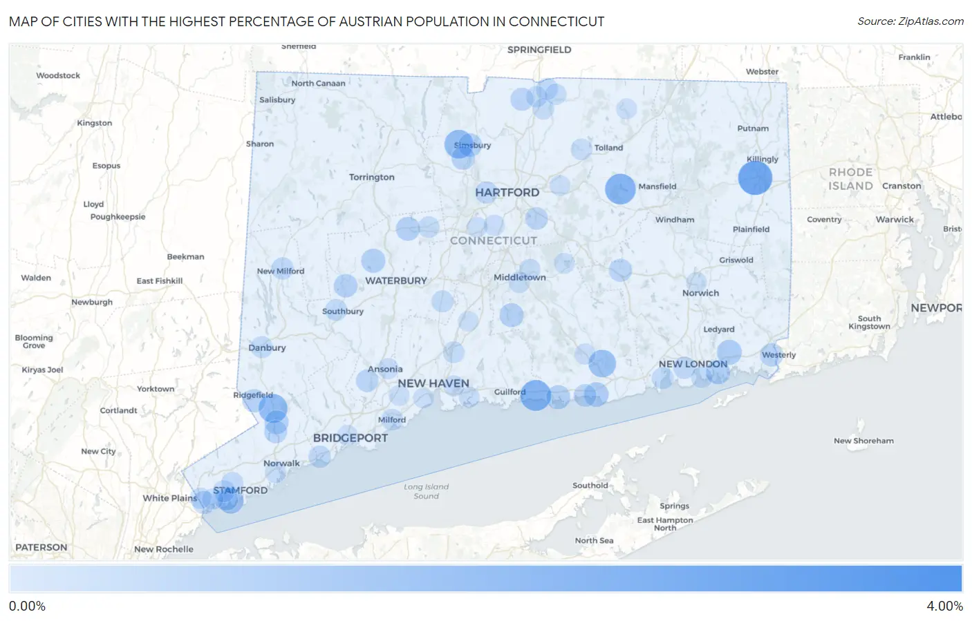 Cities with the Highest Percentage of Austrian Population in Connecticut Map