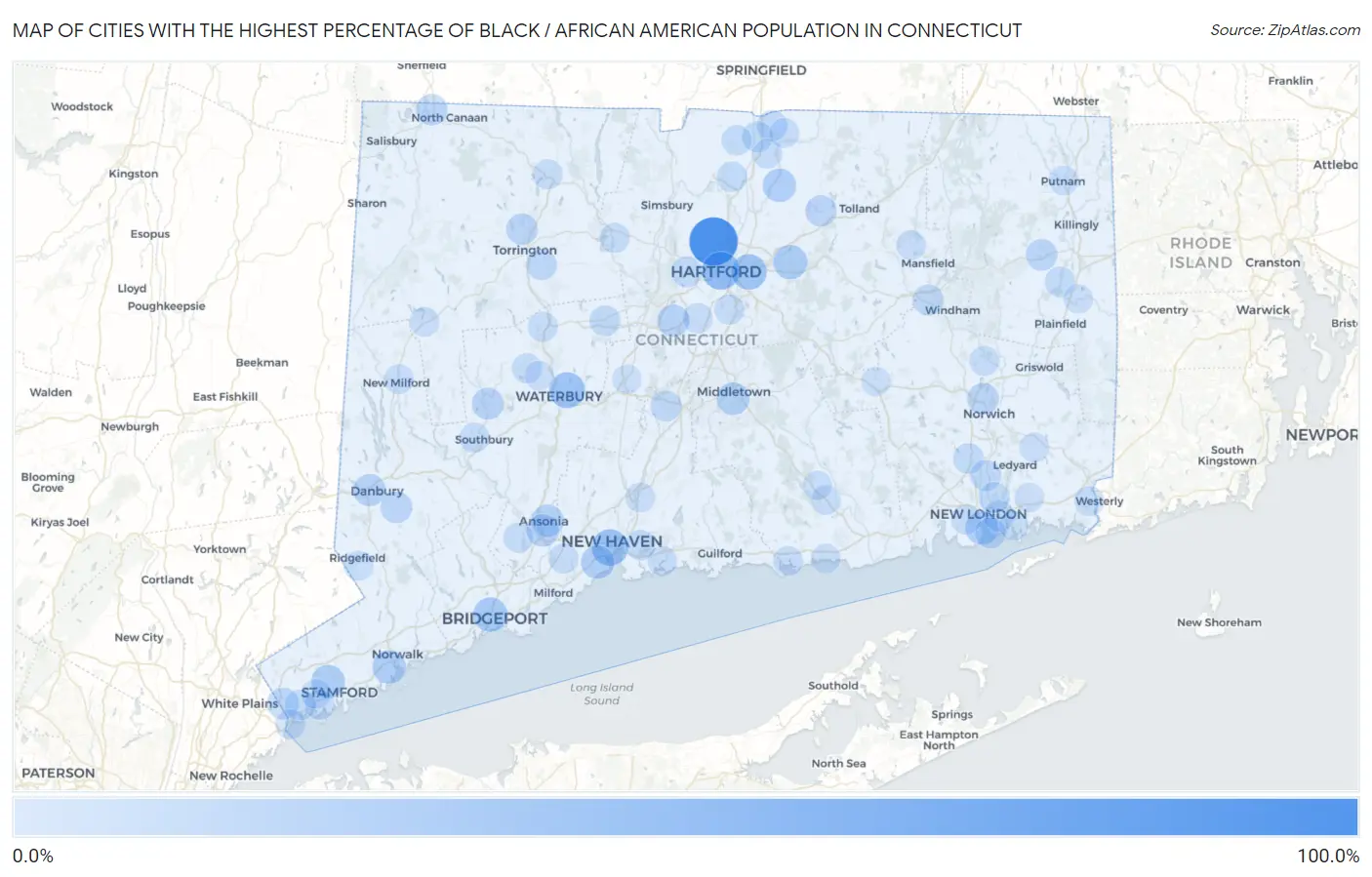 Cities with the Highest Percentage of Black / African American Population in Connecticut Map