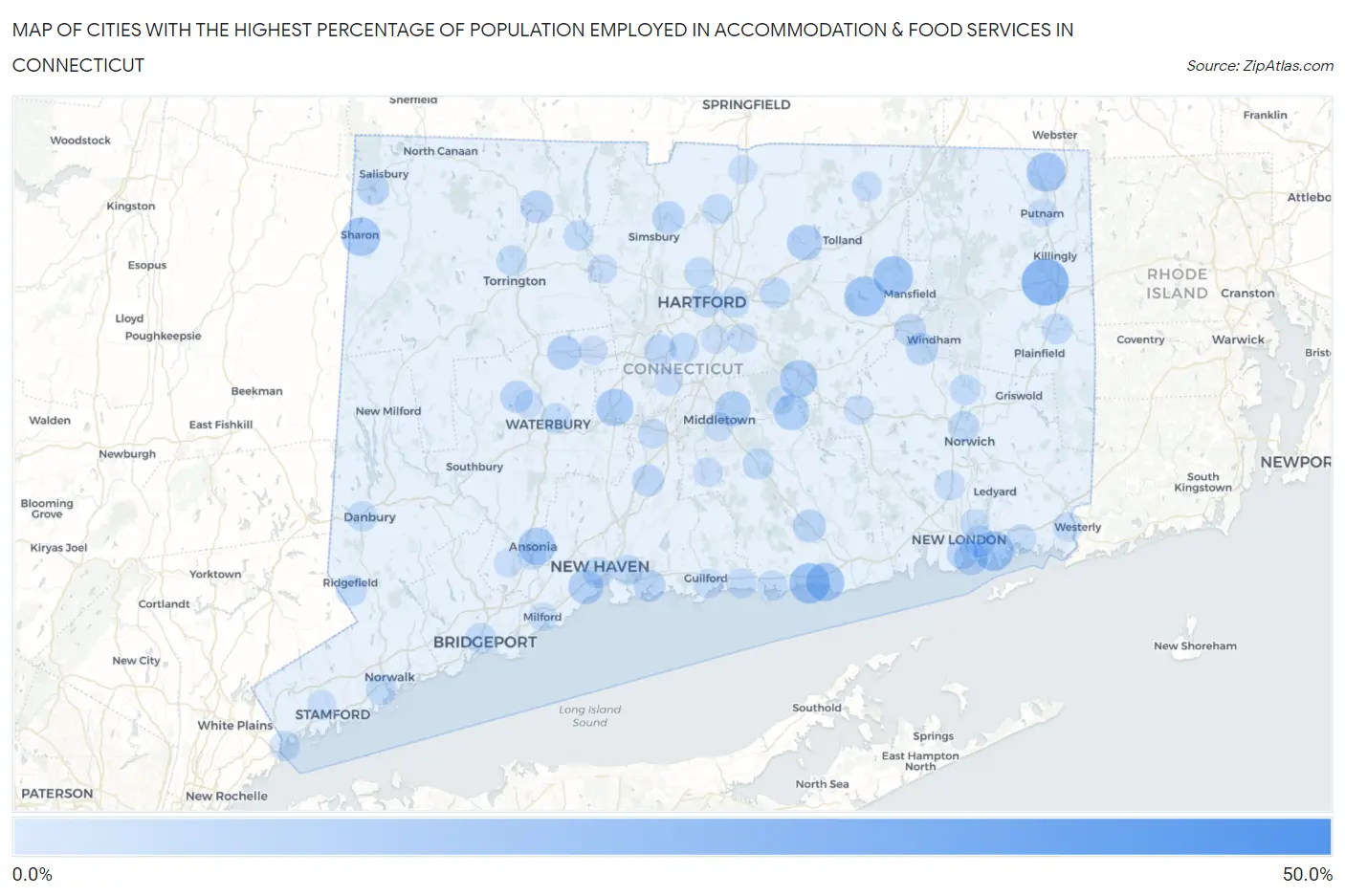 Cities with the Highest Percentage of Population Employed in Accommodation & Food Services in Connecticut Map