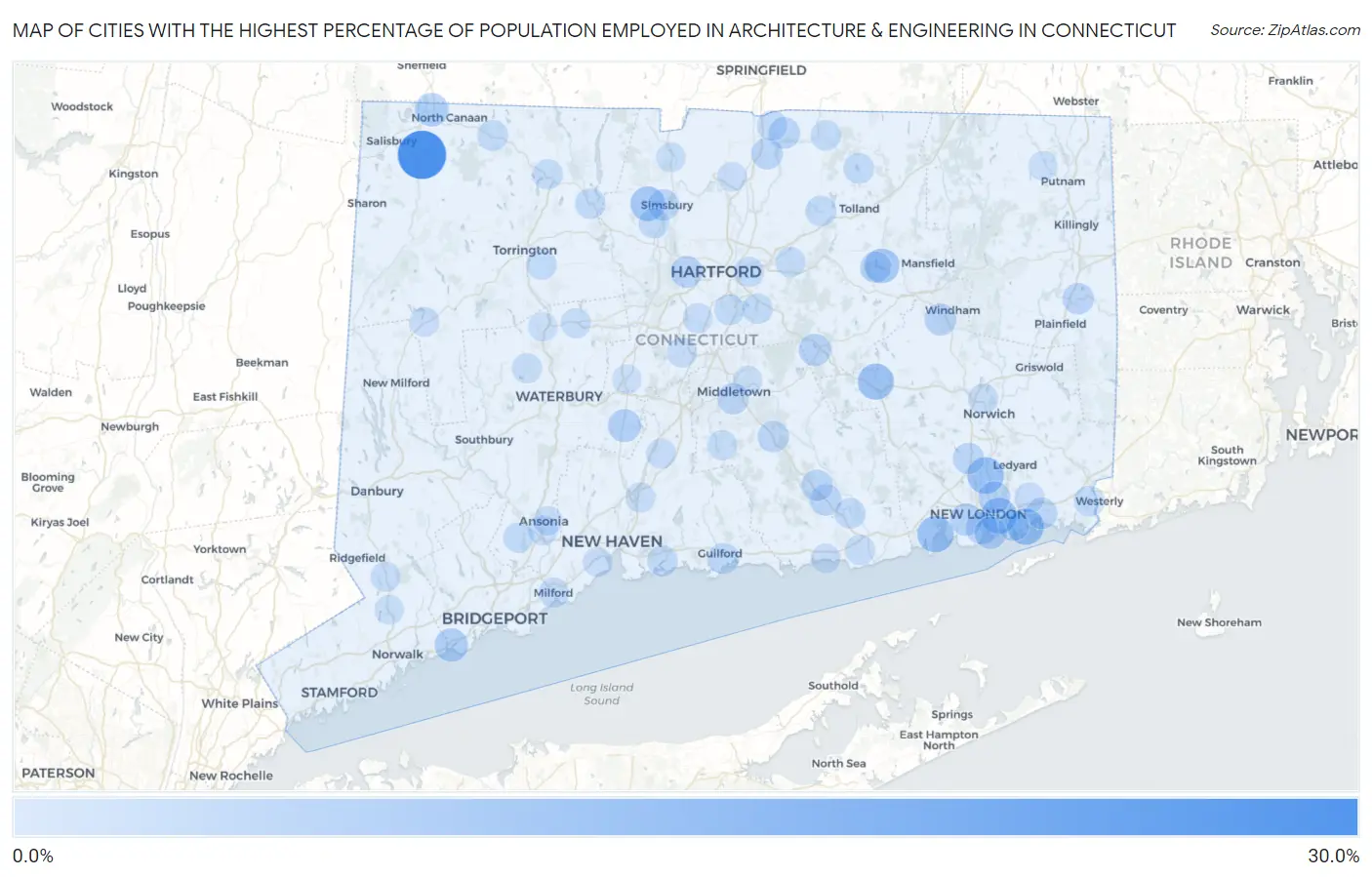 Cities with the Highest Percentage of Population Employed in Architecture & Engineering in Connecticut Map