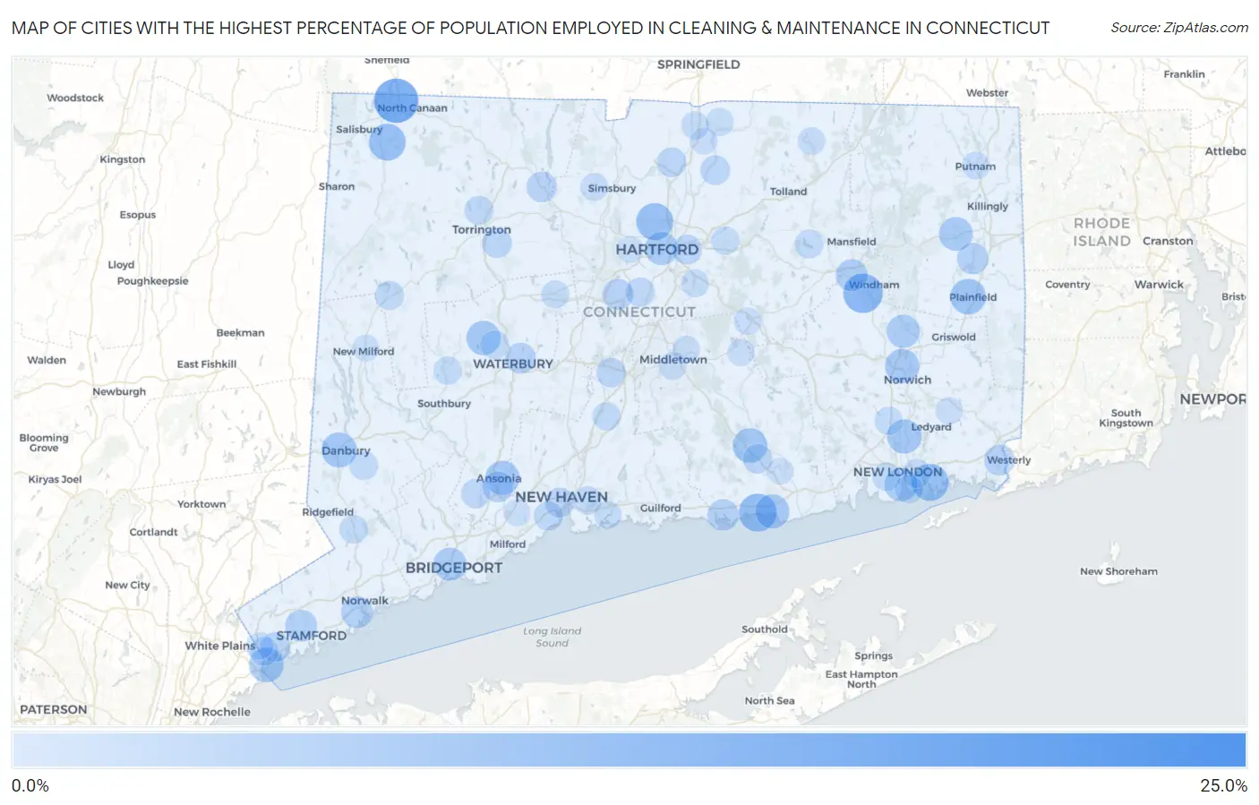 Cities with the Highest Percentage of Population Employed in Cleaning & Maintenance in Connecticut Map