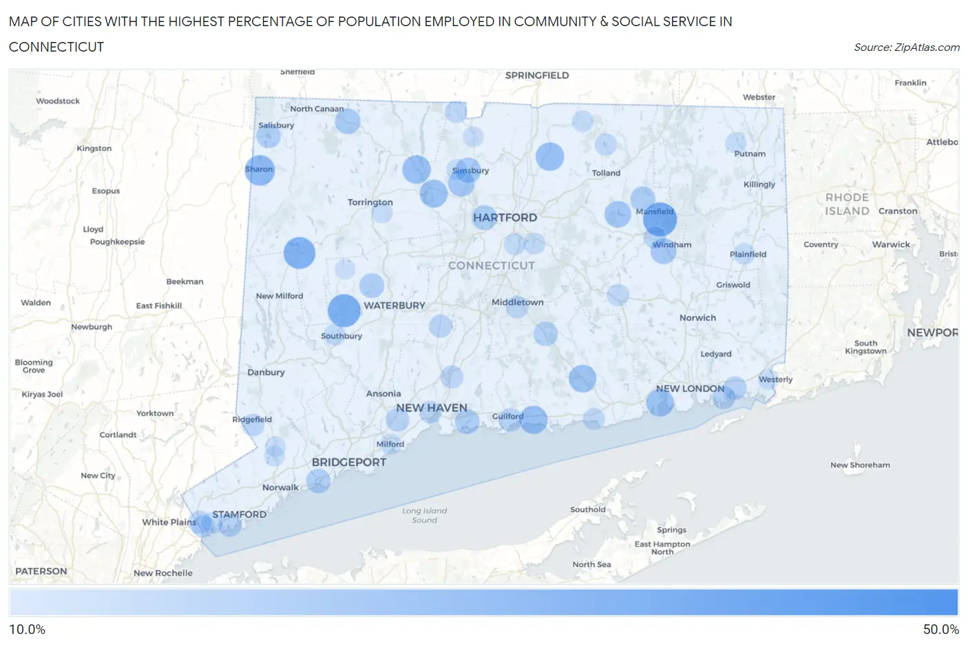 Cities with the Highest Percentage of Population Employed in Community & Social Service  in Connecticut Map