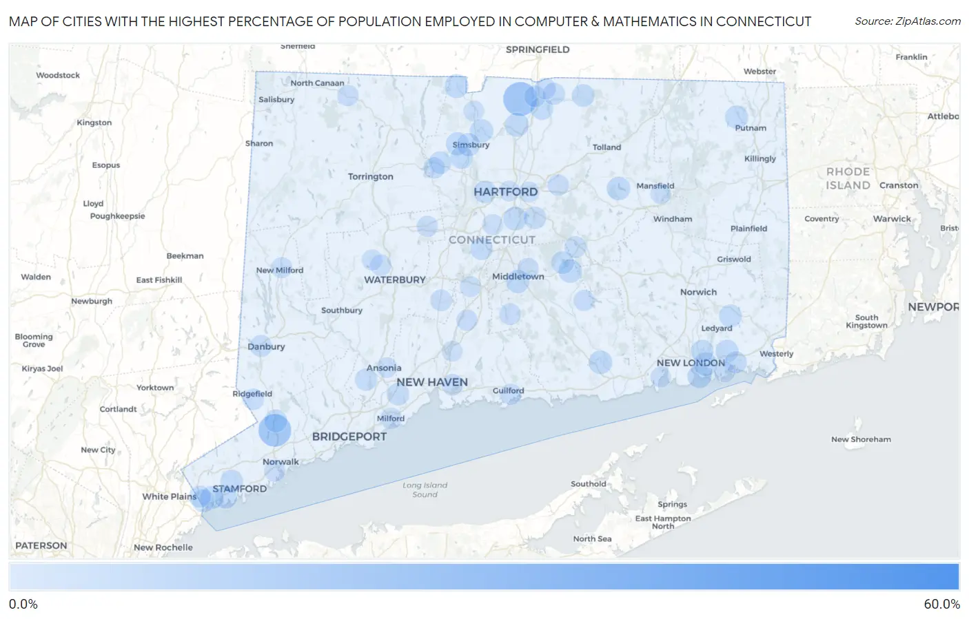 Cities with the Highest Percentage of Population Employed in Computer & Mathematics in Connecticut Map