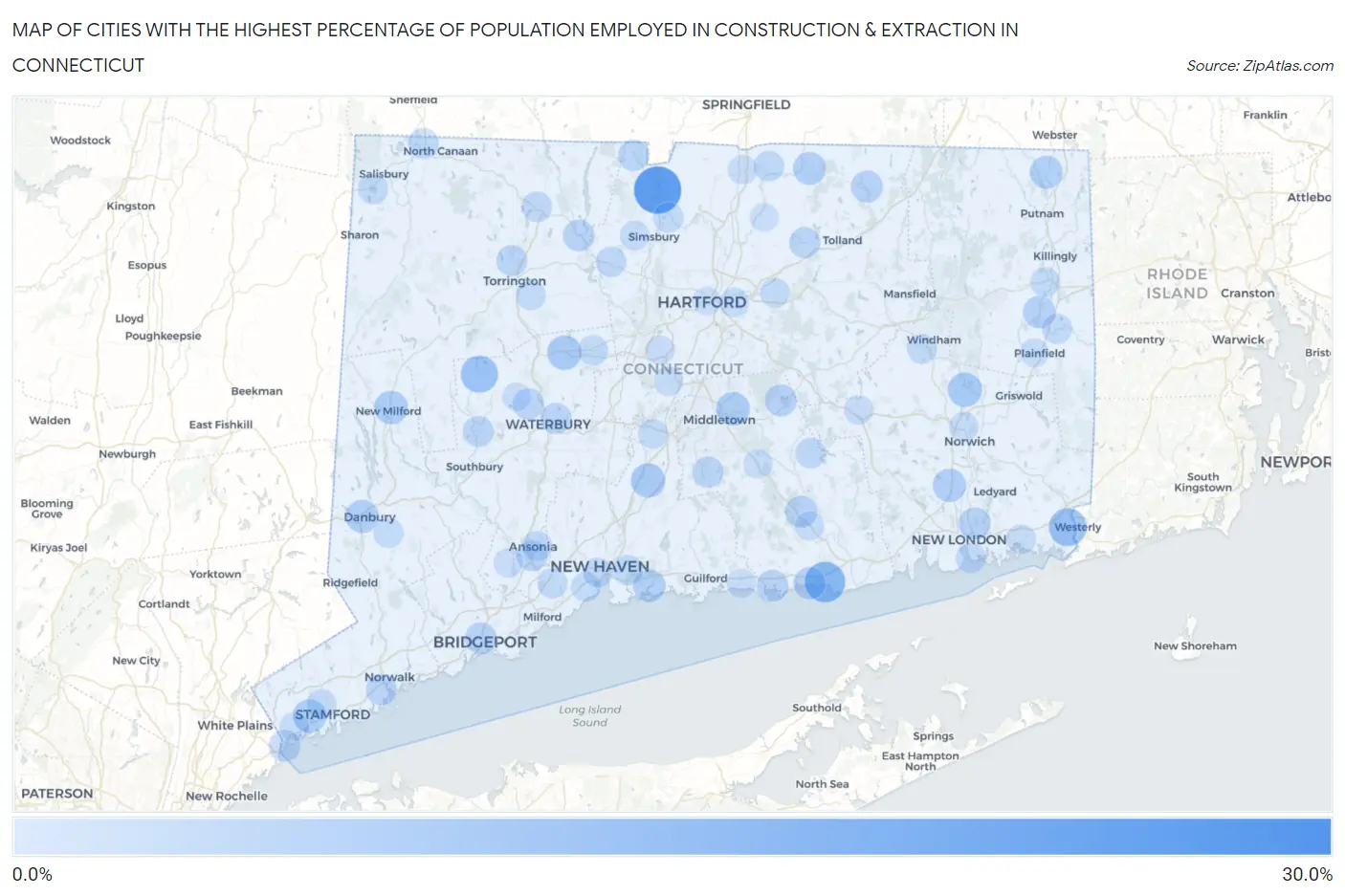 Cities with the Highest Percentage of Population Employed in Construction & Extraction in Connecticut Map