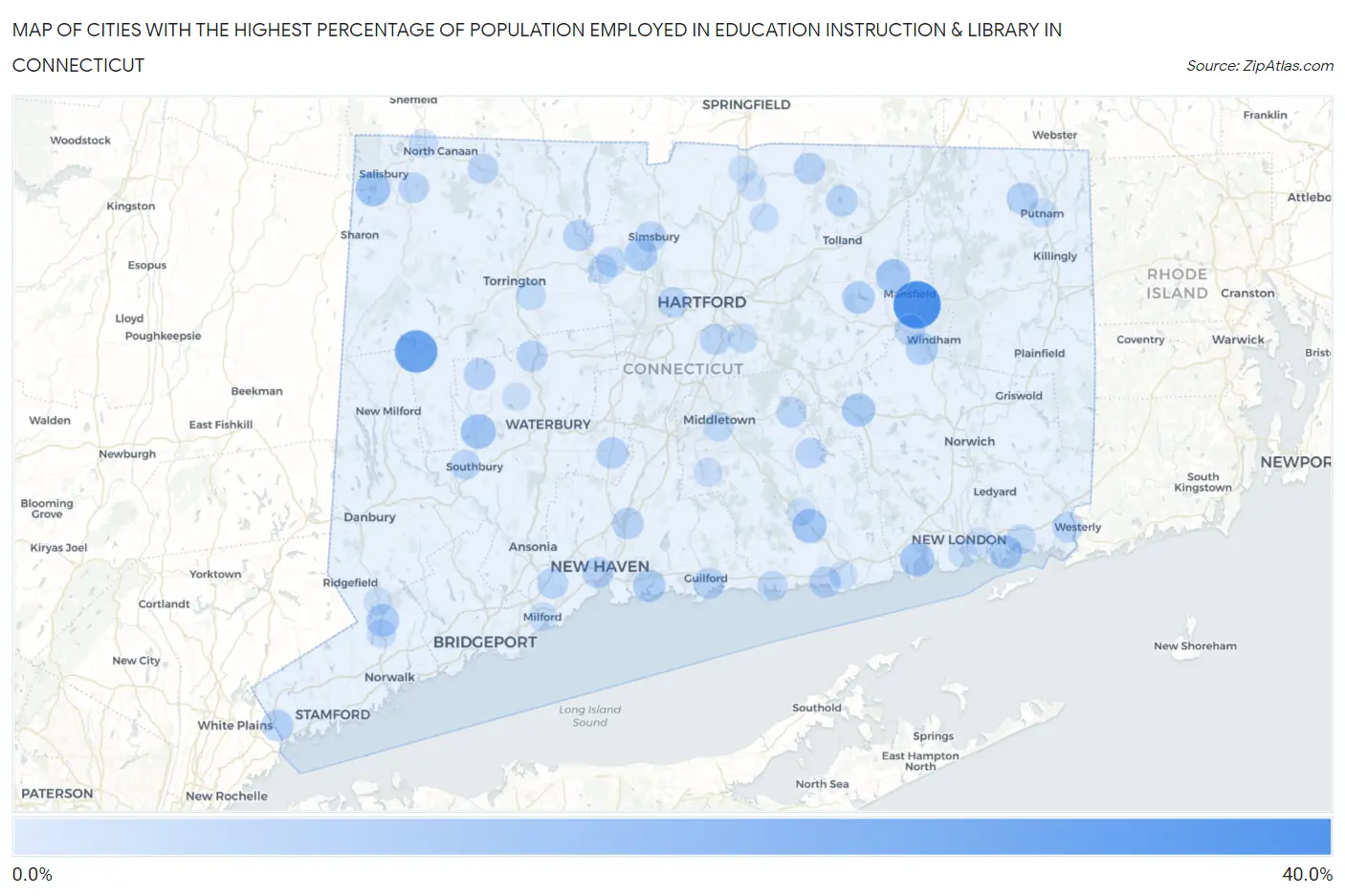 Cities with the Highest Percentage of Population Employed in Education Instruction & Library in Connecticut Map