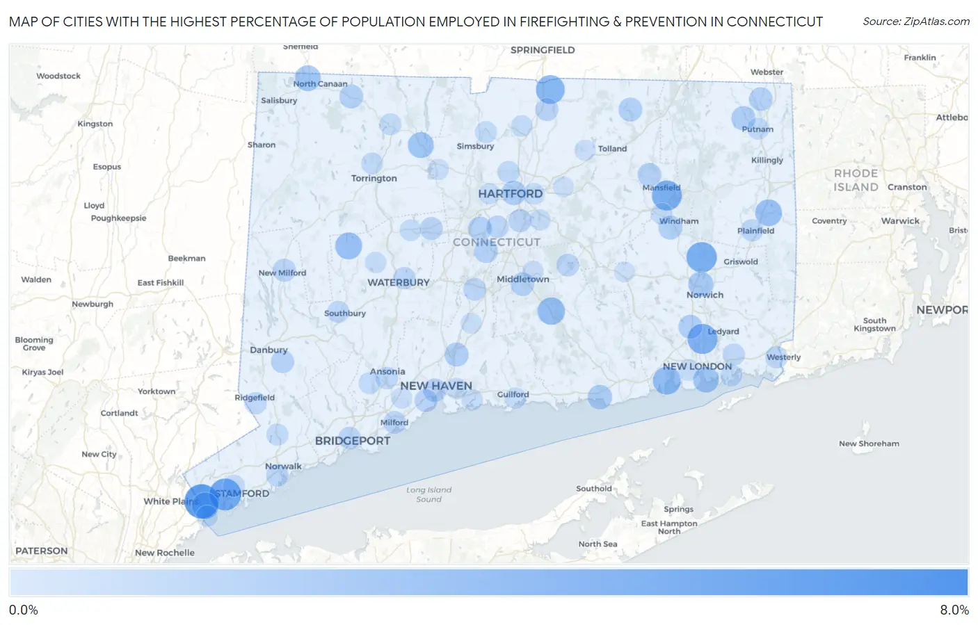 Cities with the Highest Percentage of Population Employed in Firefighting & Prevention in Connecticut Map