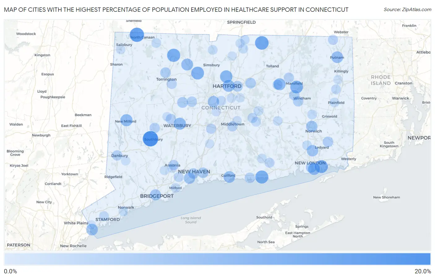 Cities with the Highest Percentage of Population Employed in Healthcare Support in Connecticut Map
