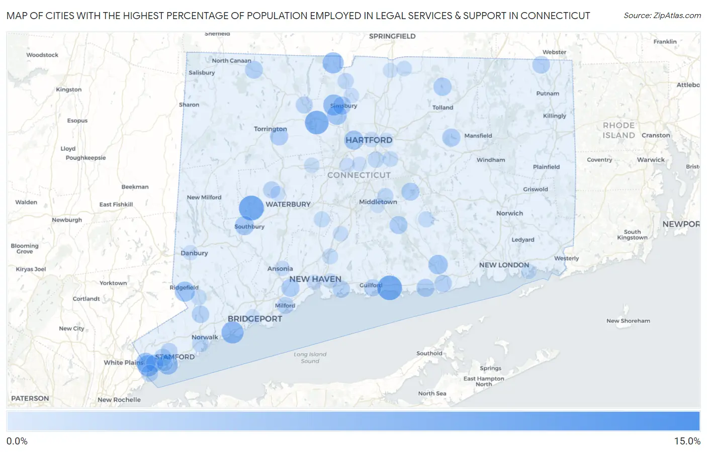 Cities with the Highest Percentage of Population Employed in Legal Services & Support in Connecticut Map