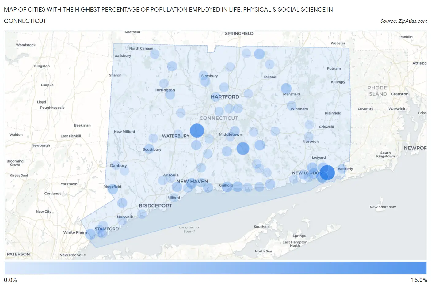 Cities with the Highest Percentage of Population Employed in Life, Physical & Social Science in Connecticut Map