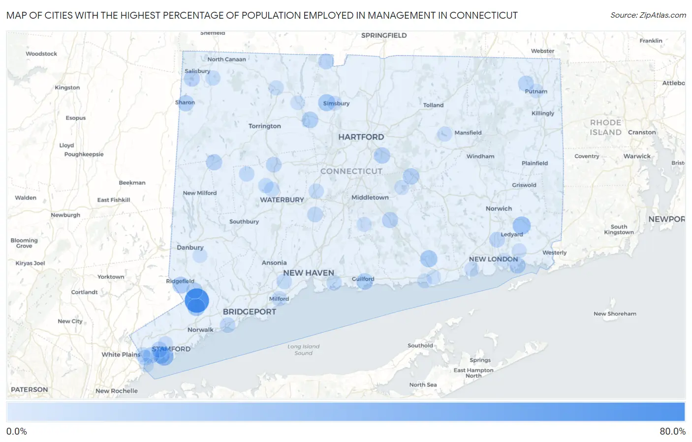 Cities with the Highest Percentage of Population Employed in Management in Connecticut Map