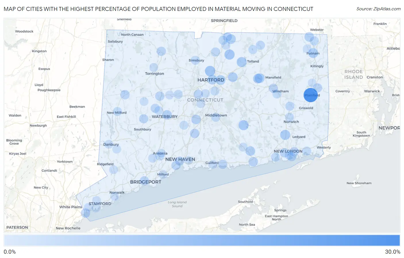 Cities with the Highest Percentage of Population Employed in Material Moving in Connecticut Map