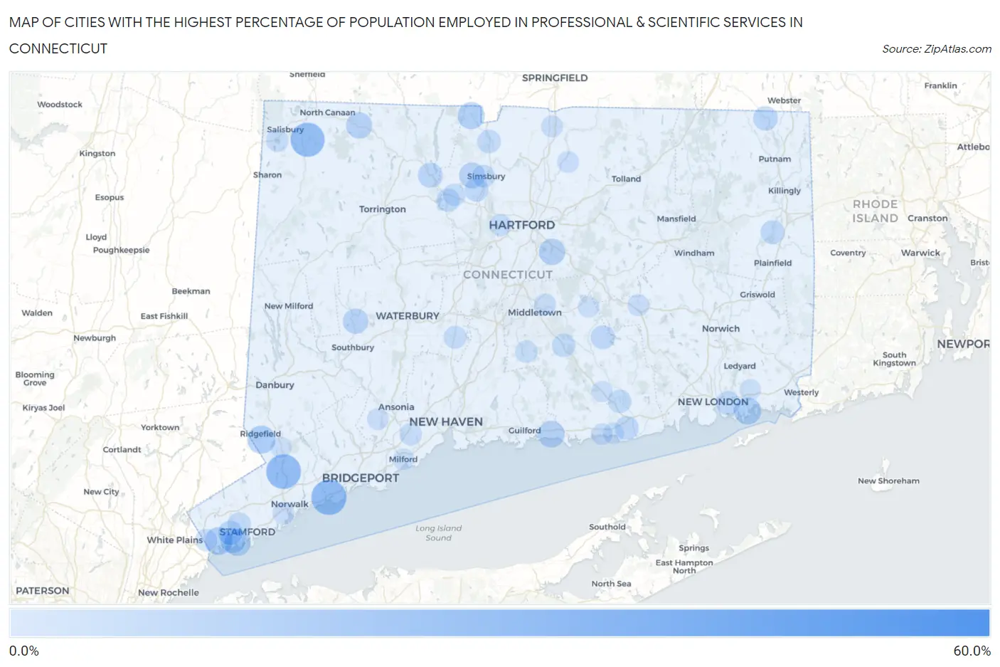 Cities with the Highest Percentage of Population Employed in Professional & Scientific Services in Connecticut Map