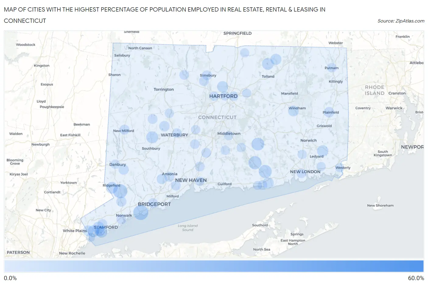 Cities with the Highest Percentage of Population Employed in Real Estate, Rental & Leasing in Connecticut Map