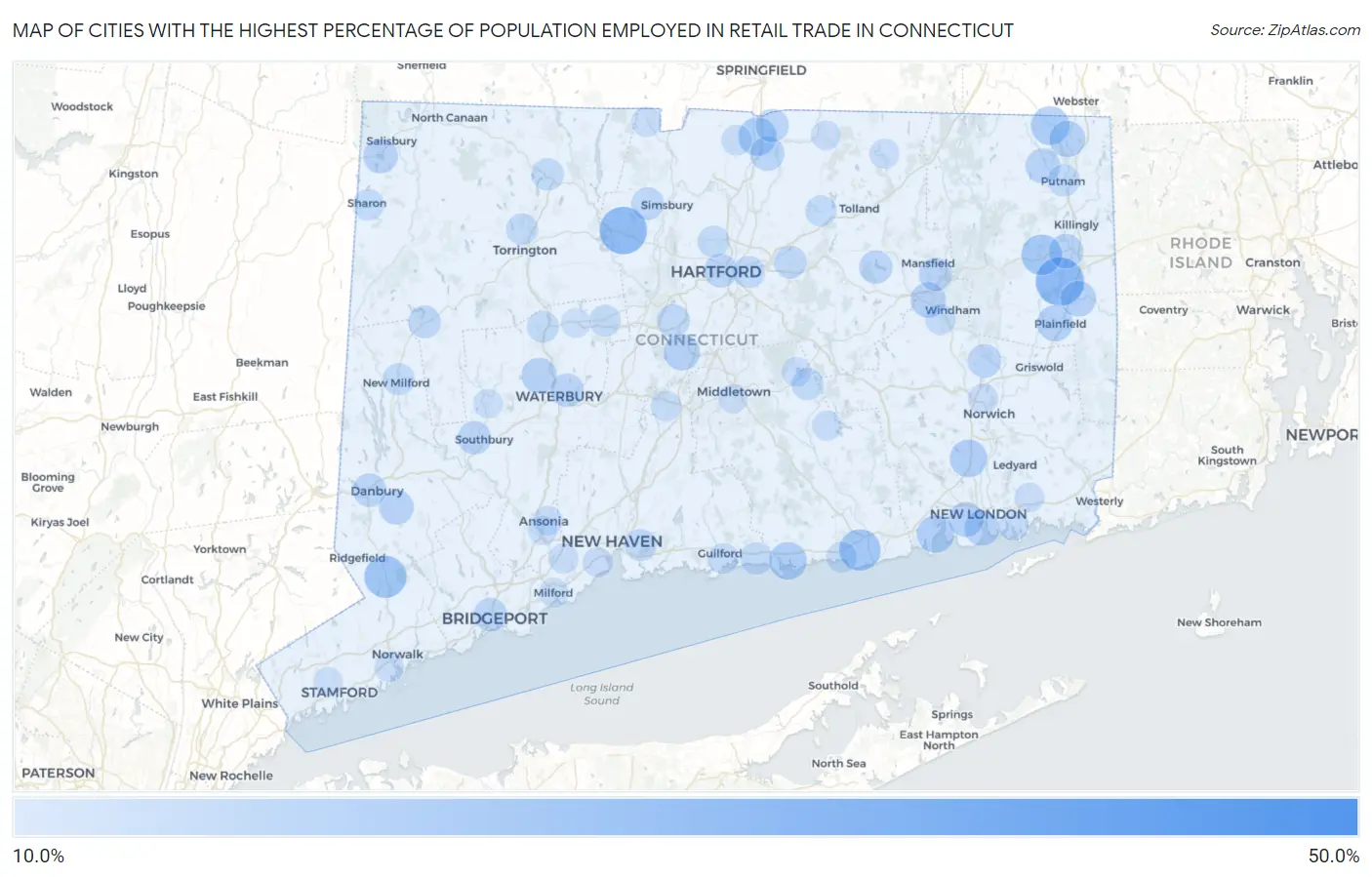 Cities with the Highest Percentage of Population Employed in Retail Trade in Connecticut Map