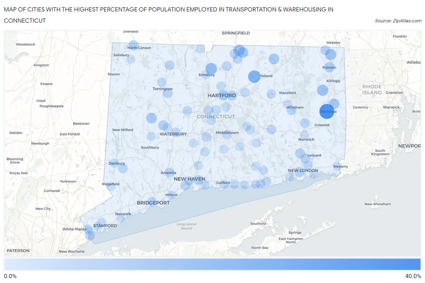Cities with the Highest Percentage of Population Employed in Transportation & Warehousing in Connecticut Map