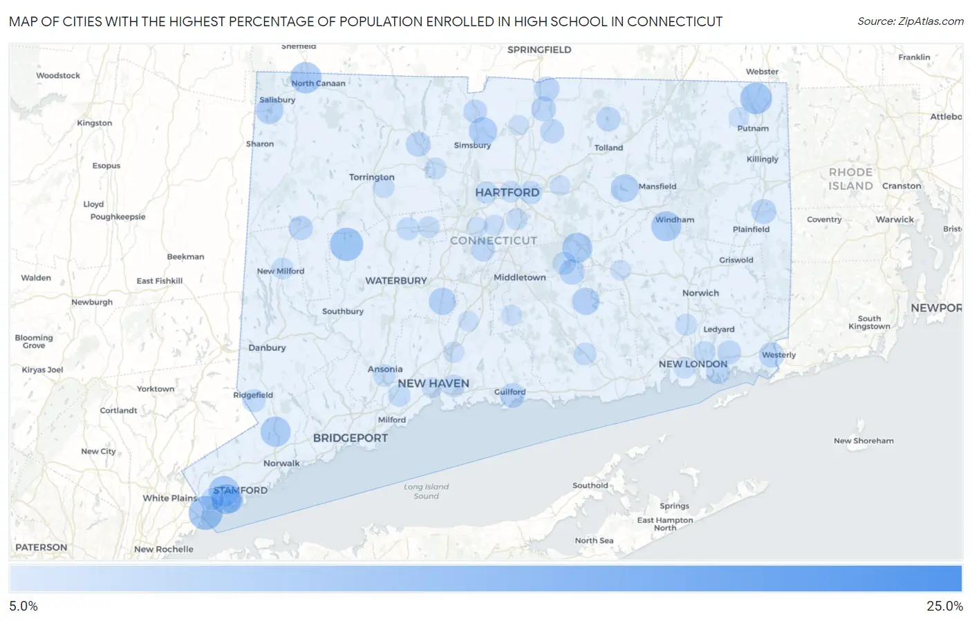 Cities with the Highest Percentage of Population Enrolled in High School in Connecticut Map
