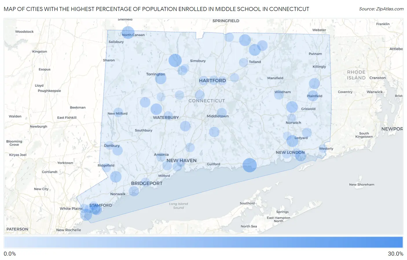 Cities with the Highest Percentage of Population Enrolled in Middle School in Connecticut Map