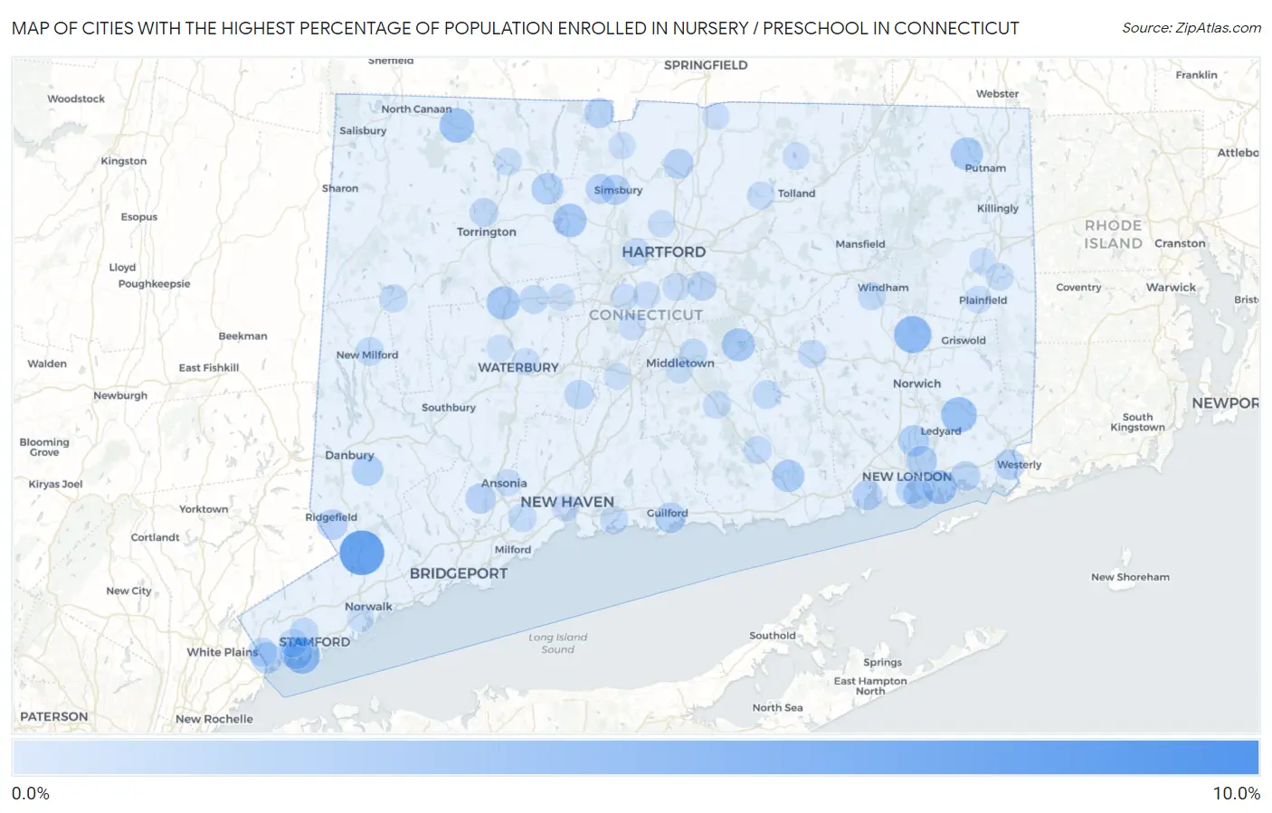 Cities with the Highest Percentage of Population Enrolled in Nursery / Preschool in Connecticut Map