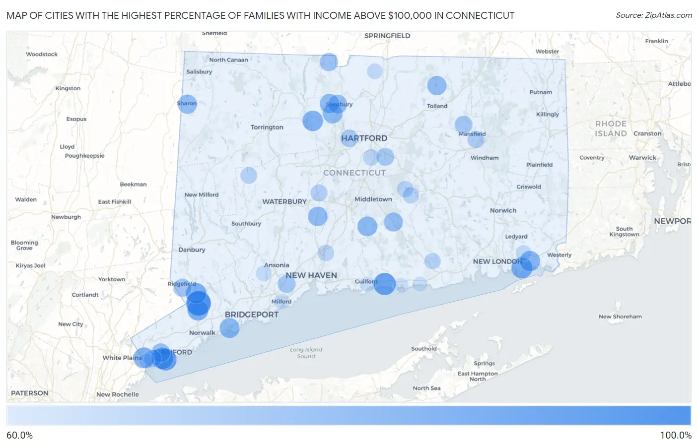 Cities with the Highest Percentage of Families with Income Above $100,000 in Connecticut Map