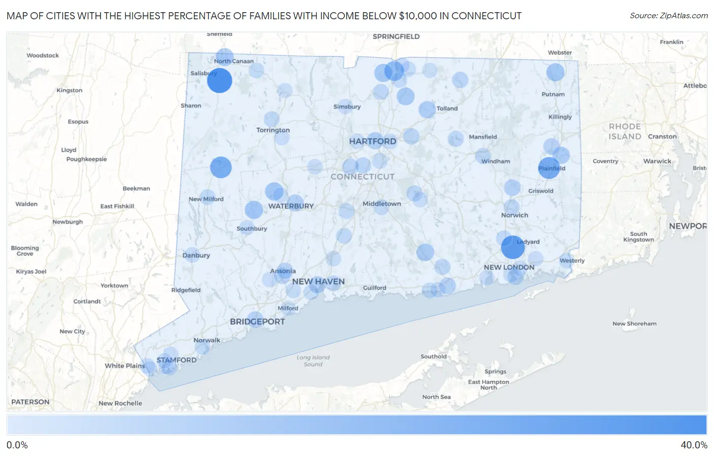 Cities with the Highest Percentage of Families with Income Below $10,000 in Connecticut Map