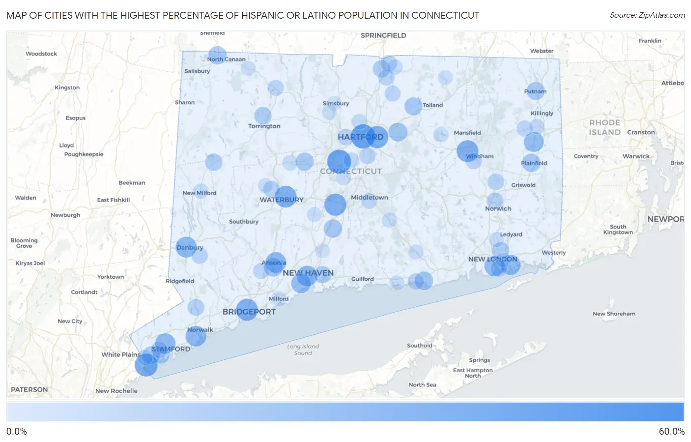 Cities with the Highest Percentage of Hispanic or Latino Population in Connecticut Map