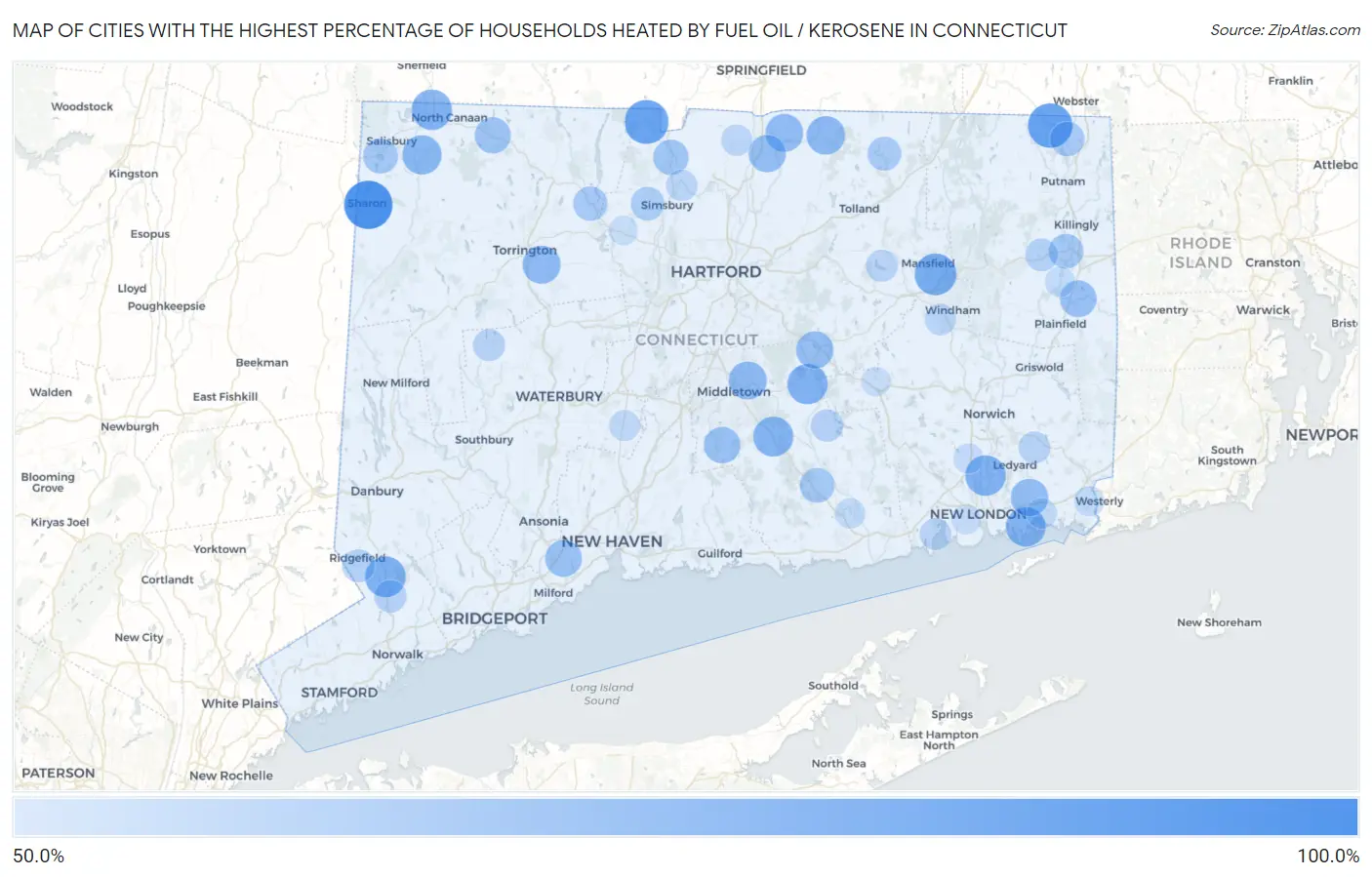 Cities with the Highest Percentage of Households Heated by Fuel Oil / Kerosene in Connecticut Map